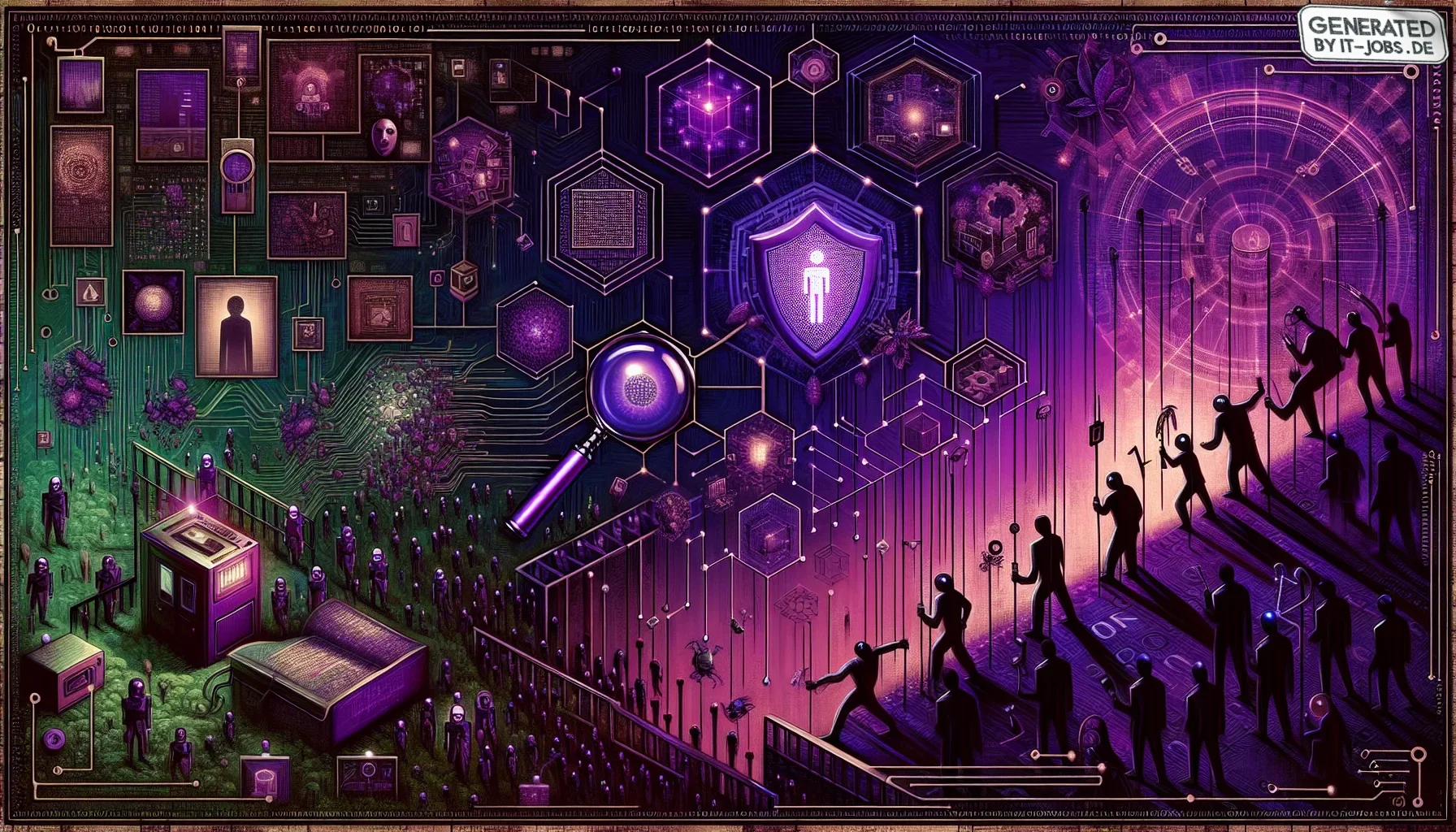 Imagine an artistic, visually rich digital artwork that encapsulates the profound and multifaceted narrative of the Metaverse’s challenges and ethical considerations. The canvas is dominated by a deep, dark purple hue, setting a mysterious and contemplati
