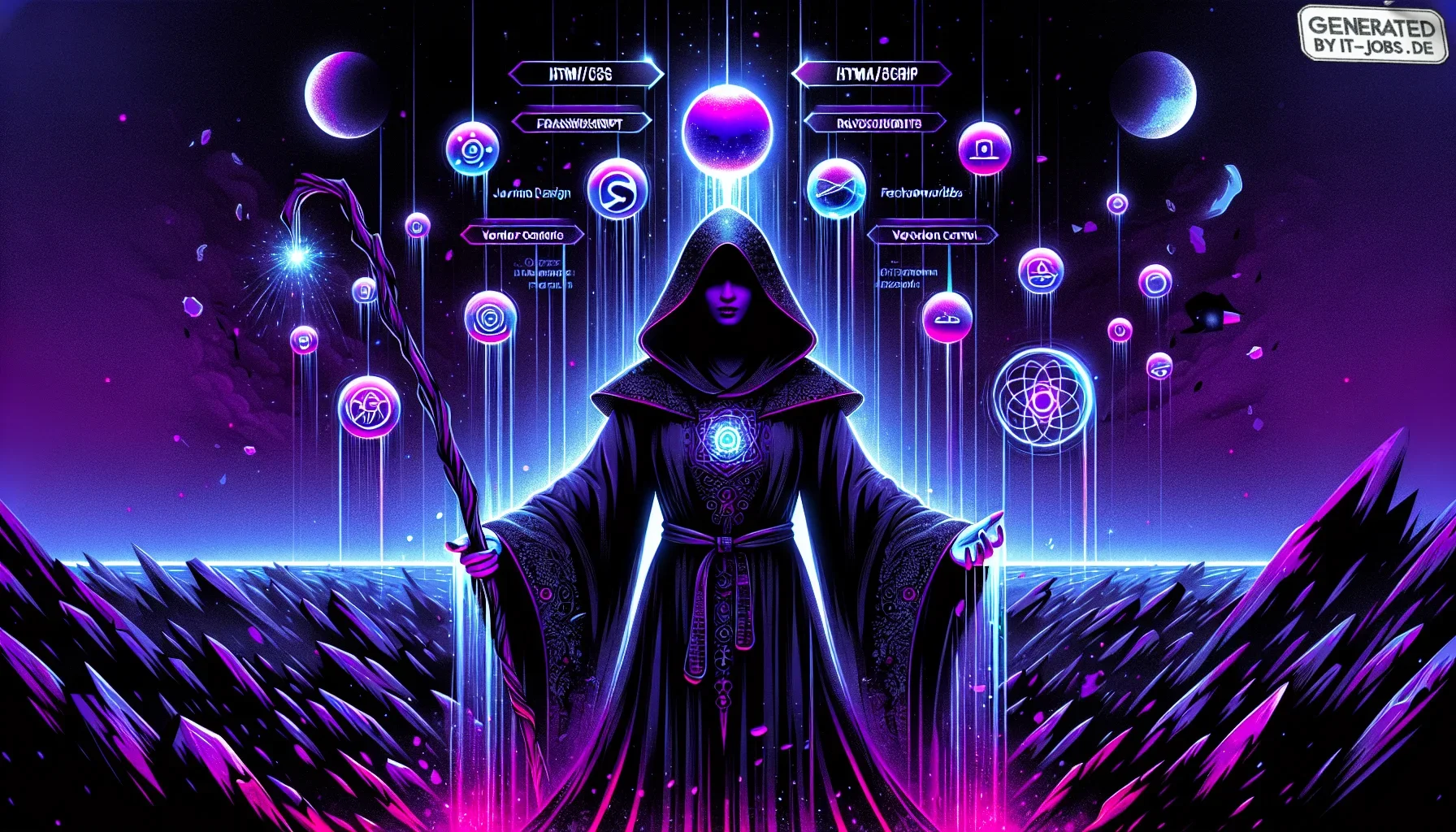 Visualize a dramatic, edgy poster that appears almost as a vibrant comic book page, bathed in shades of dark purple and black, with highlights of neon blues and pinks, creating a mystical, techno-magical ambiance.

At the center of this image, a figure st