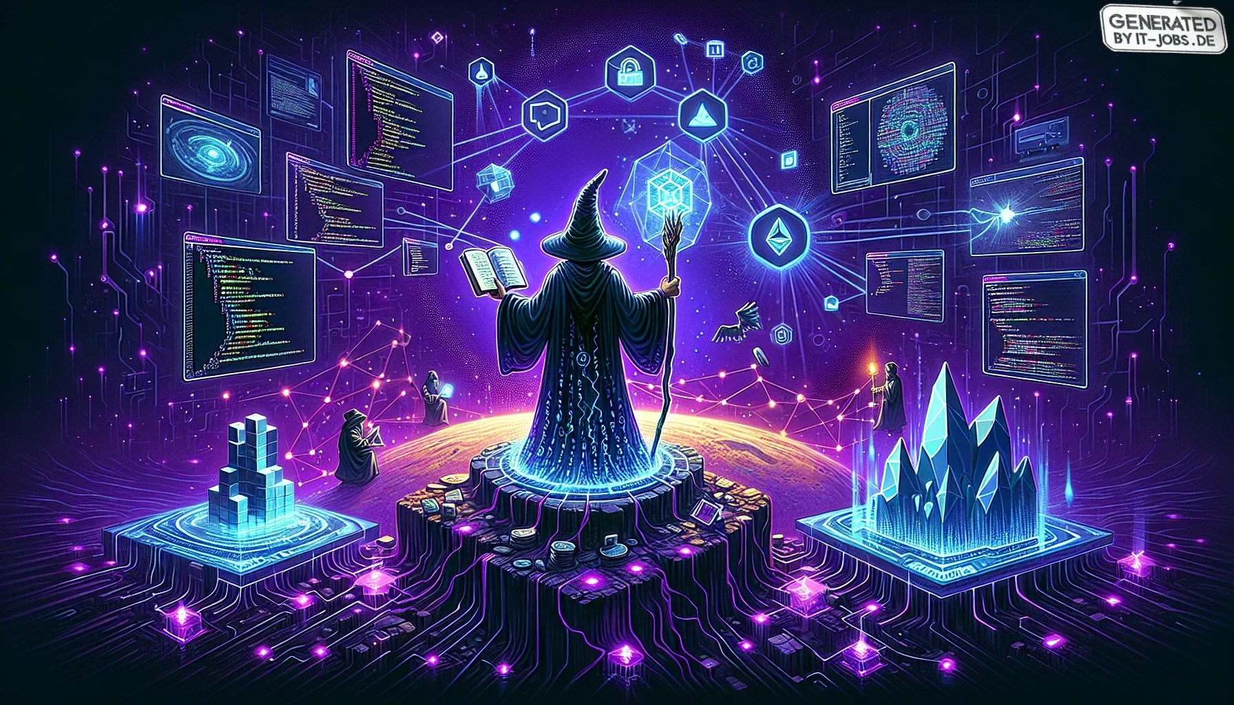 In the visualization of the paragraph "Blockchain Developer Responsibilities," the scene is vibrant yet shrouded in mysterious dark purple hues, establishing an edgy and enigmatic atmosphere that mirrors the complexities and intricacies of blockchain tech