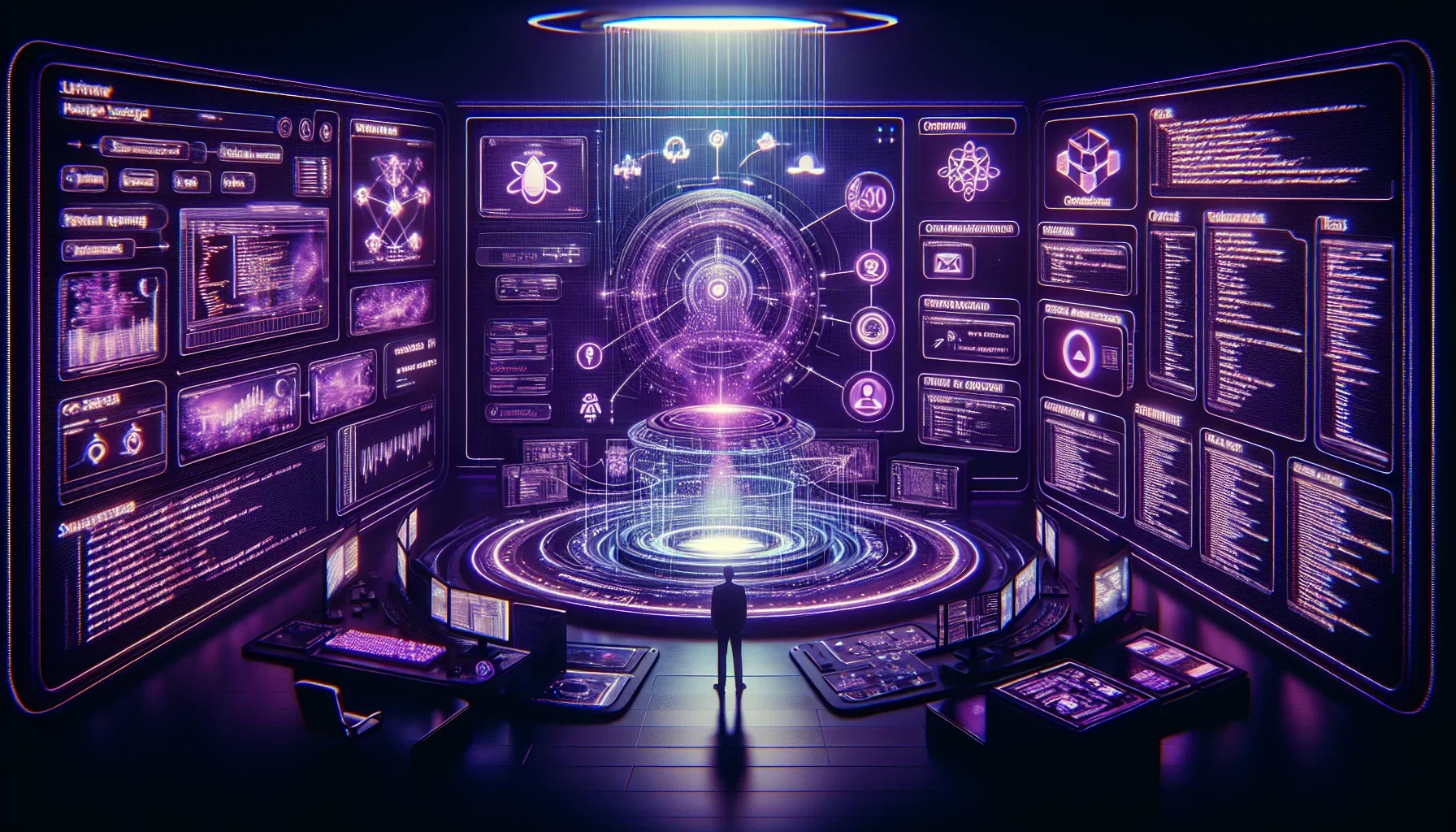 Visualize stepping into a dark, immersive room illuminated by the glow of multiple screens, each displaying enigmatic code and flowing data streams. The dominant color is a deep, mysterious purple, setting a mood that's both intense and intriguing. This i