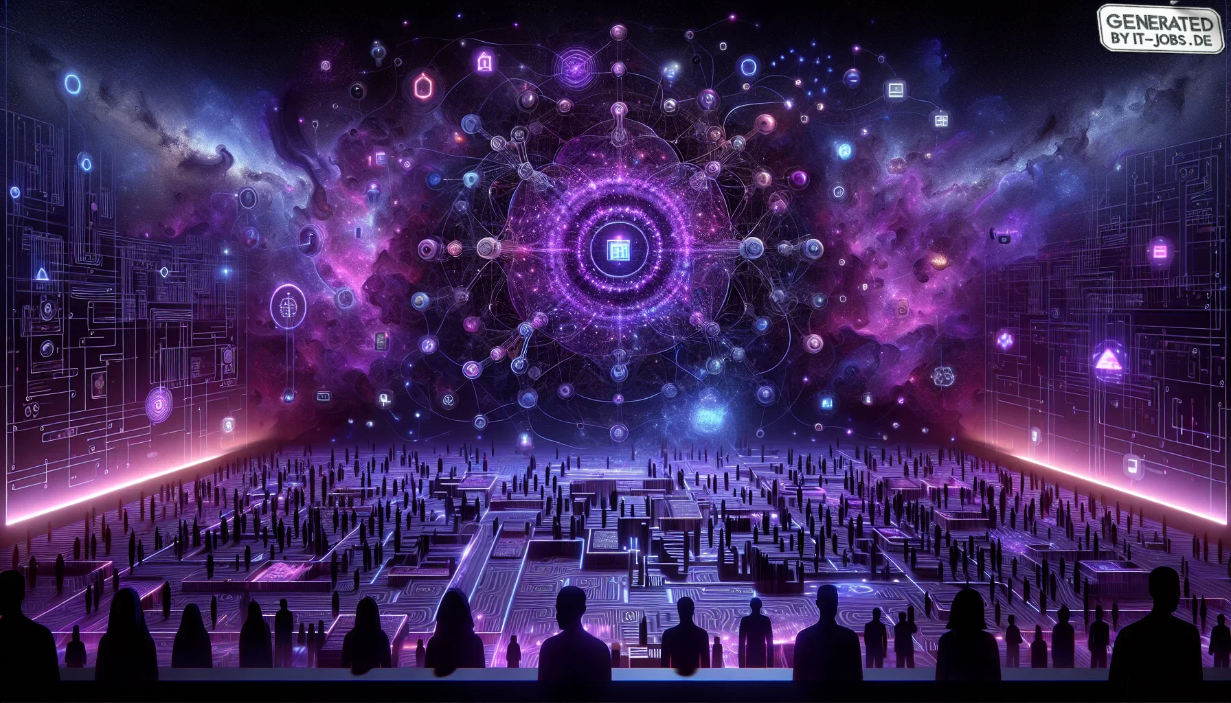 Visualize a striking, large digital canvas pulsating with deep, dark purple hues, underscoring a futuristic yet enigmatic aura. The frame is filled with a dynamic blend of shadowy purples and bursts of neon, creating a vibe that's both edgy and magnetic. 