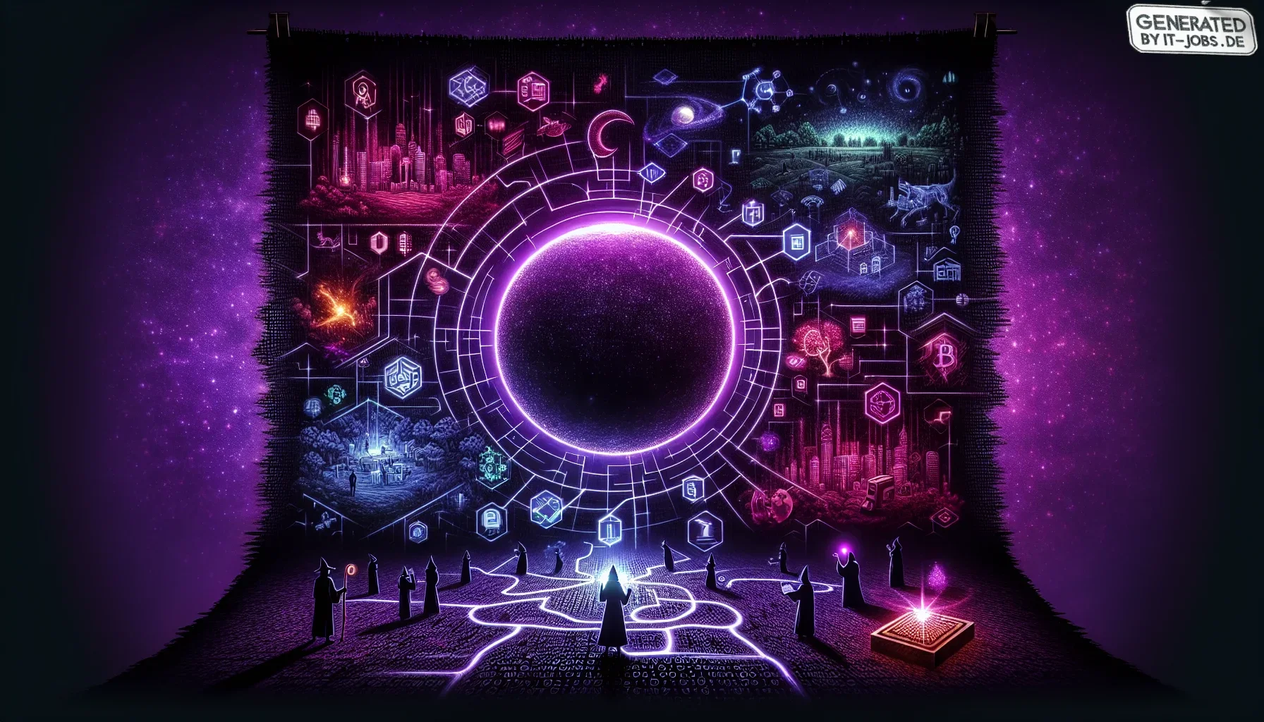 Visualize a dark, vibrant digital canvas, awash in shades of dark purple that suggest a world both mysterious and rich with possibilities. The overall aesthetic is edgy and modern, with elements that evoke a sense of the cutting-edge technological frontie