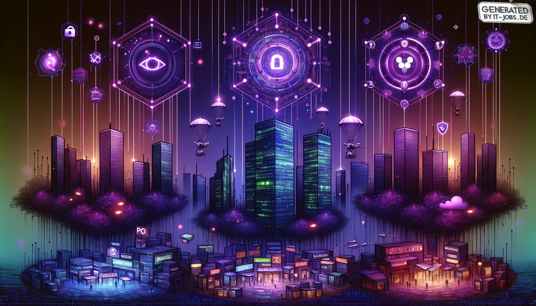 Visualize an intricate, edgy art piece, where dark purple hues dominate the canvas, creating a moody and intense atmosphere. The artwork is a digital collage, punctuated with neon highlights and subtle references to pop culture and information technology,