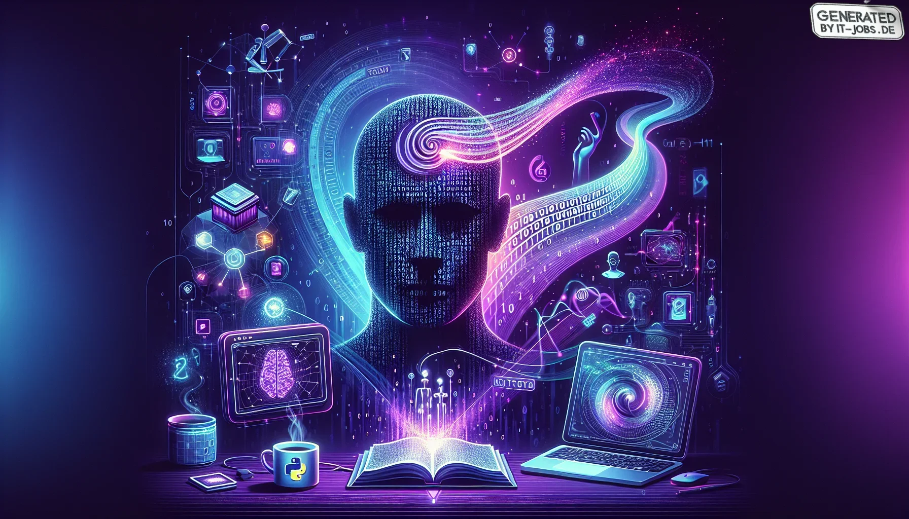 Visualize a dynamic and atmospheric digital art piece that embodies the essence of Claude Shannon's monumental impact on AI and machine learning, set against a dark purple backdrop that evokes a sense of deep mystery and technological wonder. The composit