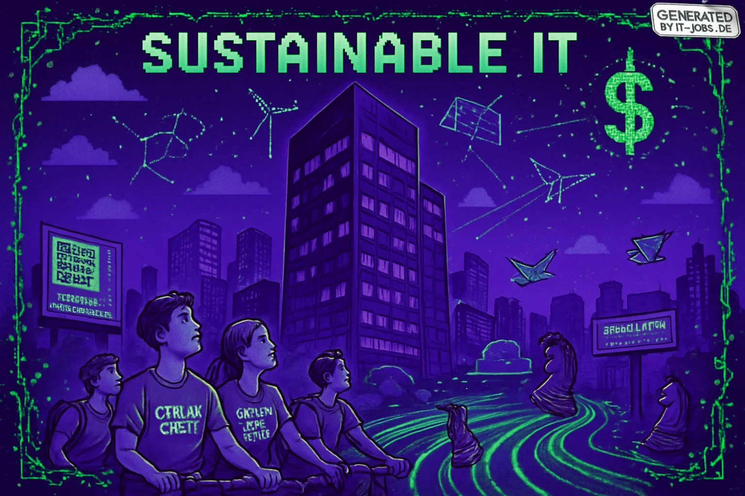 A sleek IT office building with glowing dark purple windows rises above a futuristic cityscape. Pixelated clouds and constellations of wind turbines and solar panels fill the night sky. Below, eco-conscious consumers on bicycles admire the scene, while da