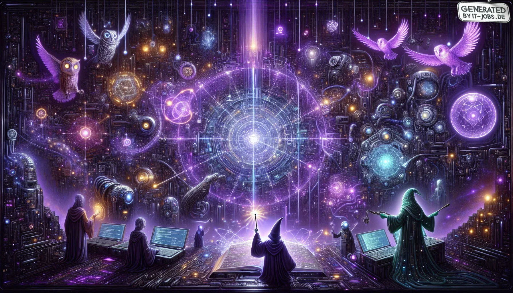 In this visualization, picture a sprawling, digital canvas that dramatically captures the essence of AI-powered programming, as described in the rich and vivid text. The overarching theme is a deep, dark purple, evoking a sense of the profound and mysteri