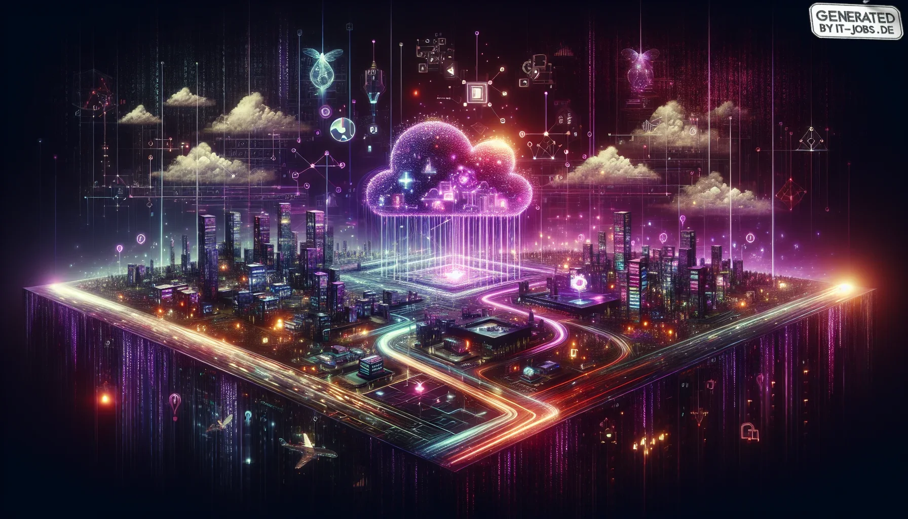 Imagine a striking digital artwork that vividly encapsulates the essence of the future of digital twin technology in IT infrastructure. The visual is dominated by a rich, dark purple hue that sets a mysterious and forward-thinking tone. This backdrop is i