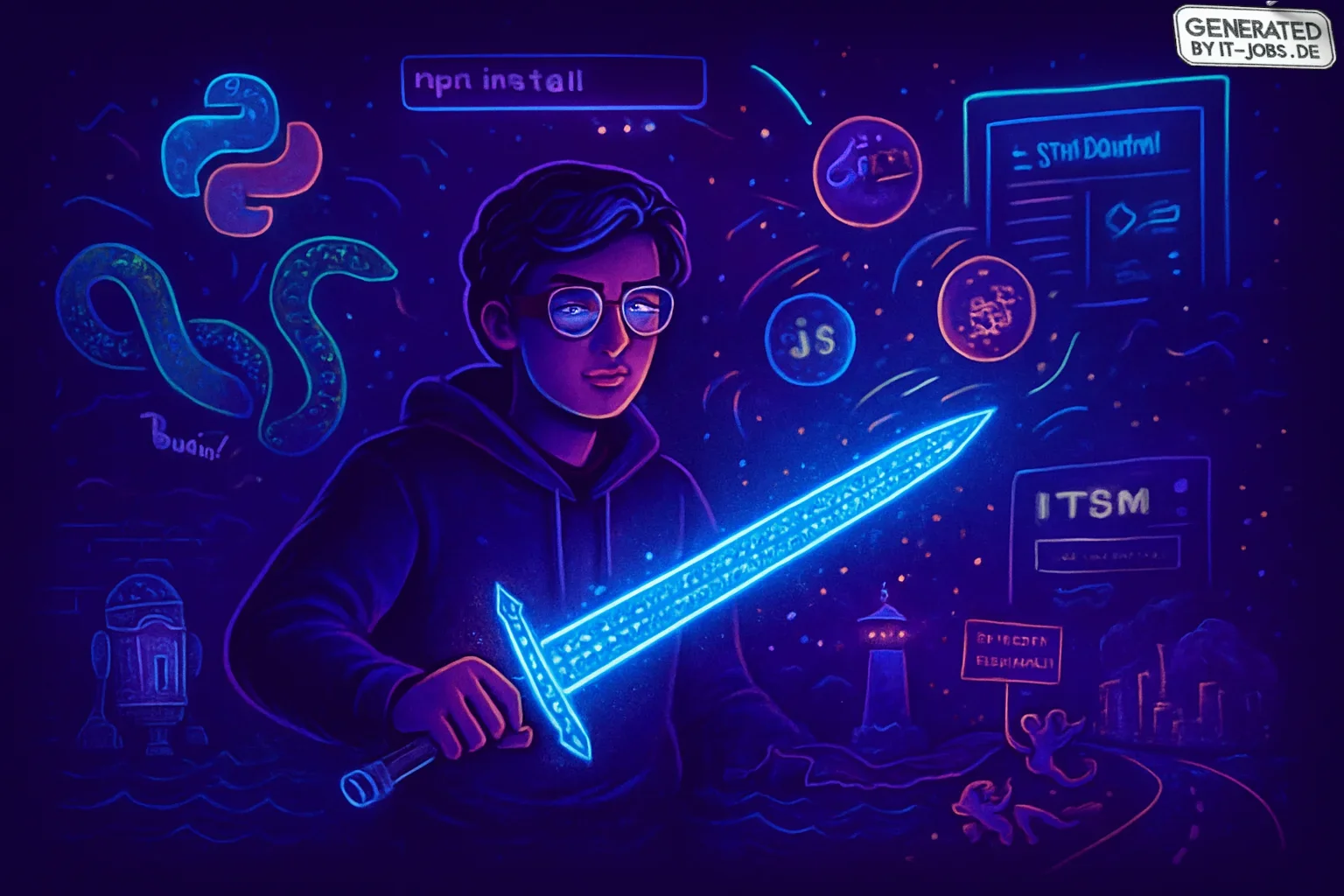 A vibrant digital scene features an IT Support Automation Specialist wielding a glowing, futuristic Excalibur made of binary code. Around them, Python snakes conduct a symphony of scripting languages, while JavaScript juggles pop culture references. In th