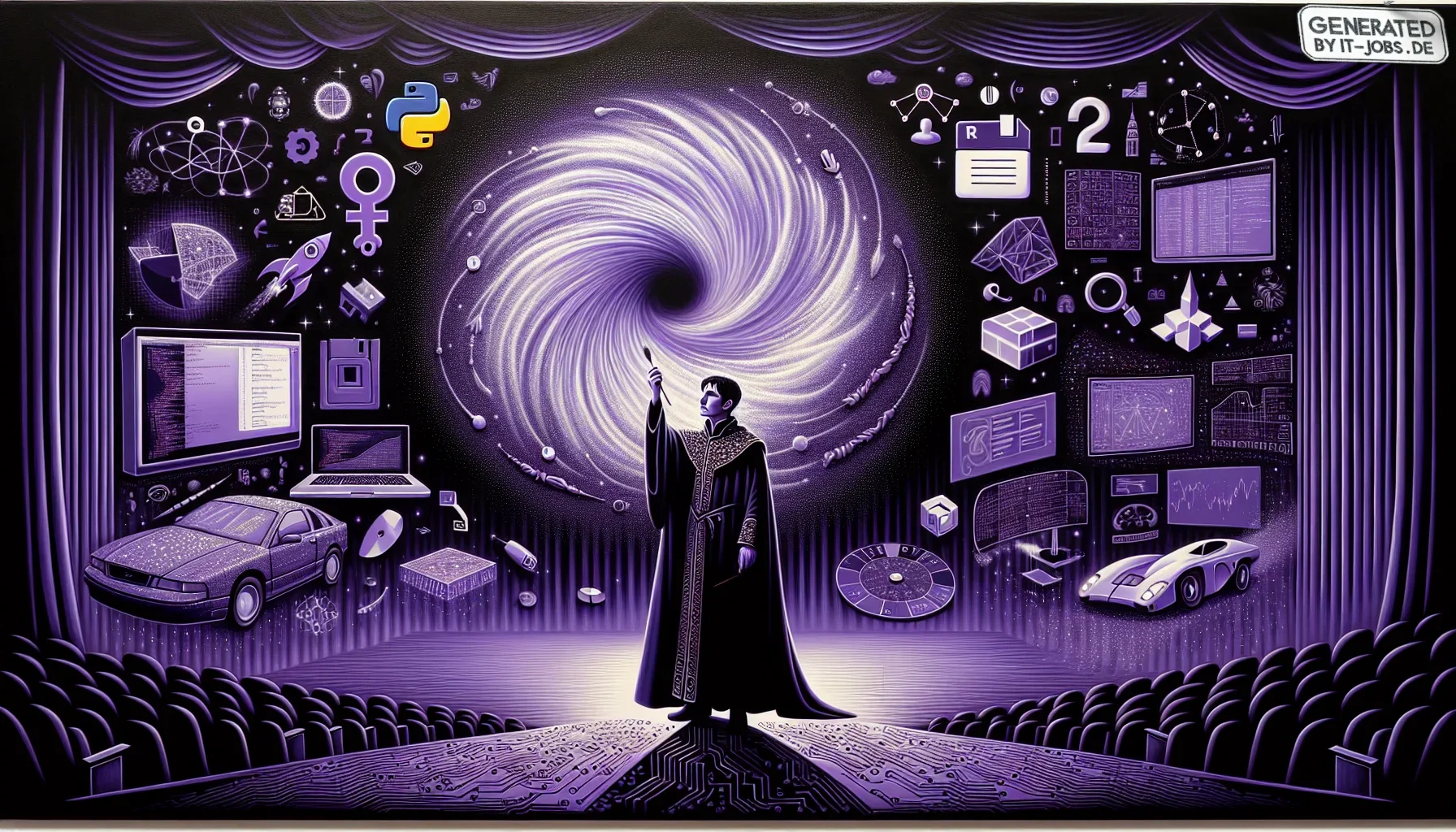 In this edgy and vibrant visualization, the dark purple theme dominates the canvas, resonating with an aura of mysticism and intrigue, perfectly echoing the enchanting realm of data visualization specialists.

At the center of the image is a majestic, con