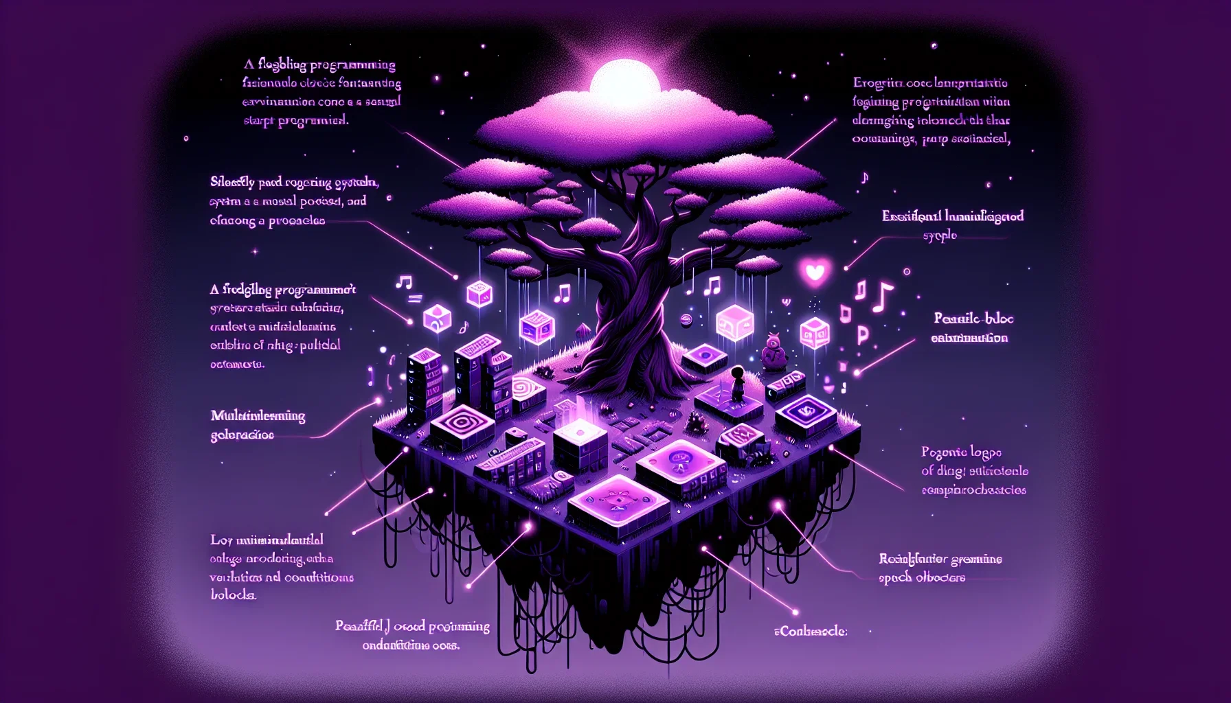 Visualize a captivating digital artwork that harmoniously blends the essence of a beginner coder's wonderland with a dark purple palette, giving it an edgy, contemporary vibe. The central focus of the image is a large, whimsical tree, its branches sprawli