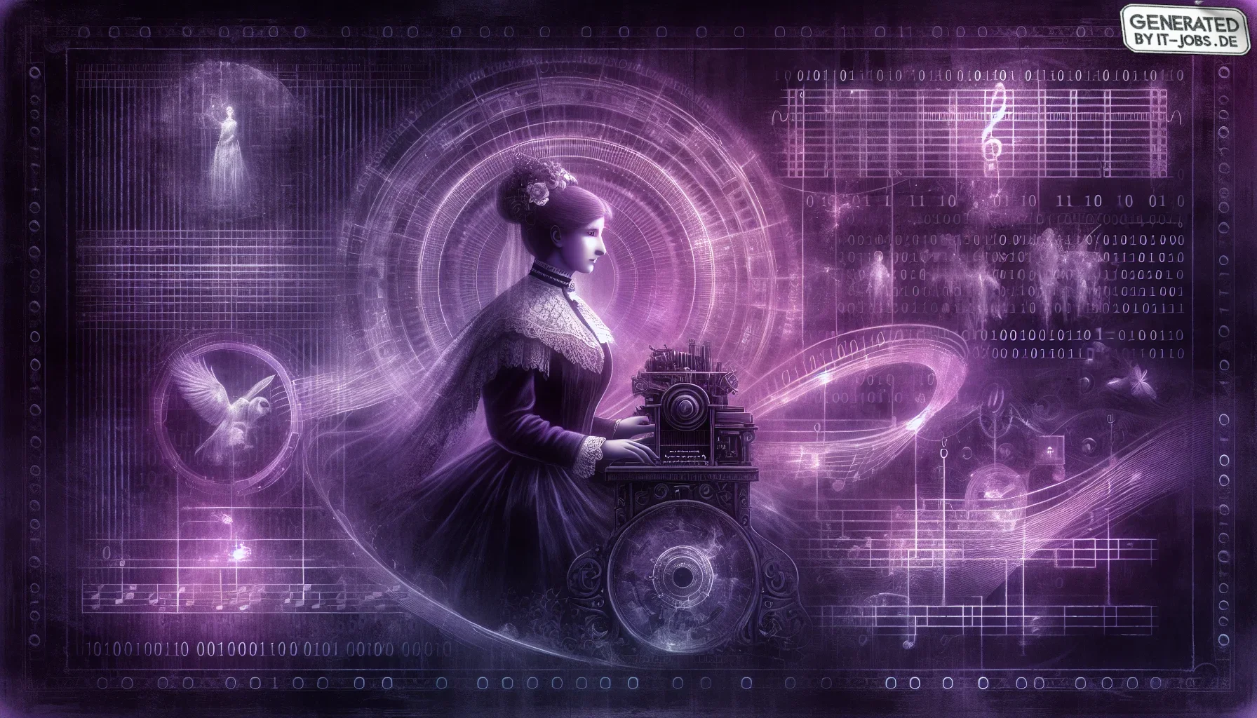 In your visualization, imagine stepping into a visually striking and emotionally resonant art piece that captures the essence of Ada Lovelace as a trailblazer for women in STEM. The overall color scheme is a rich, dark purple, symbolizing royalty, mystery