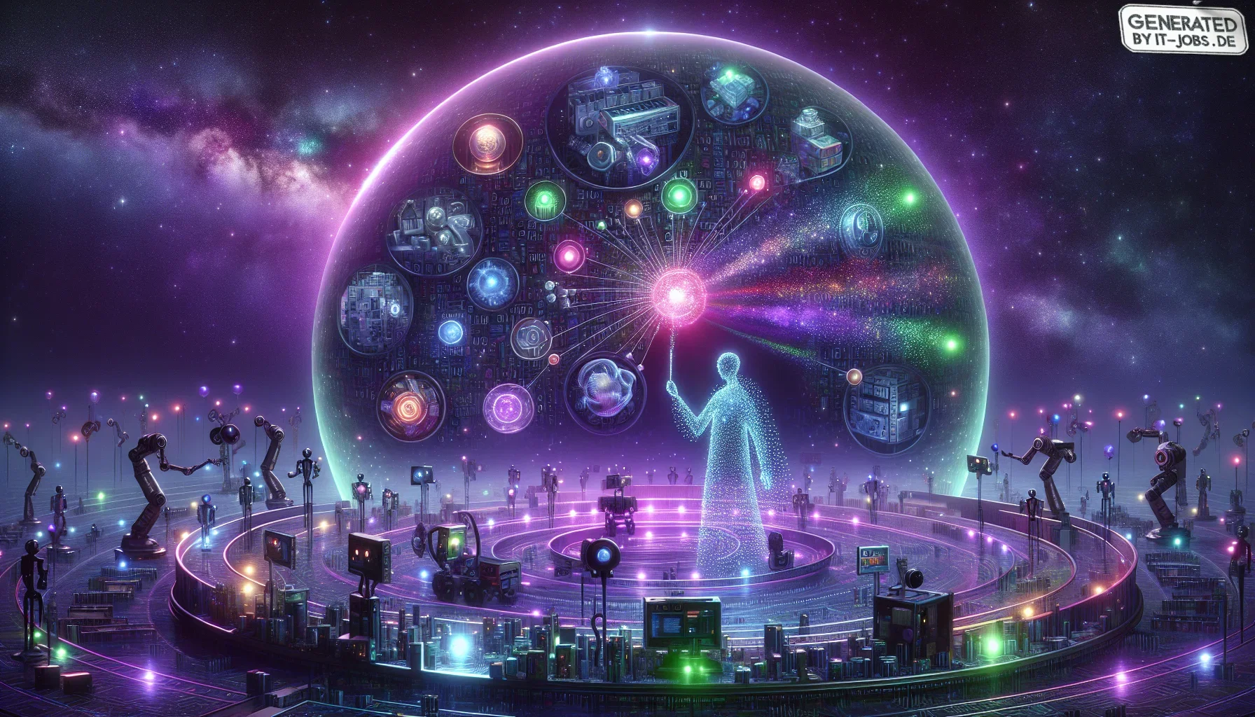 The visualization opens within a vast, starlit cosmos rendered in varying shades of dark purple, where twinkling stars subtly hint at digital pixels. At the center, a giant, semi-transparent sphere represents the realm of Machine Vision Engineering, pulsi