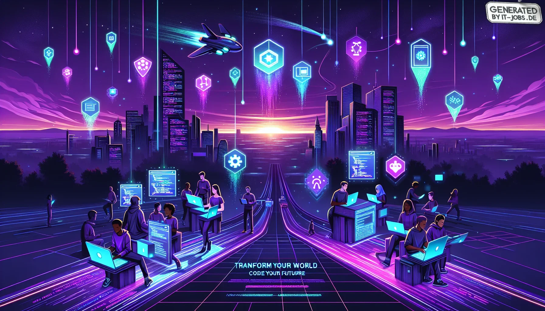 Visualize a striking, dynamic poster capturing the essence of programming bootcamps, infused with a dark purple color scheme that sets an edgy, tech-oriented tone. The main backdrop of the poster is a sleek, futuristic cityscape at twilight, hues of purpl