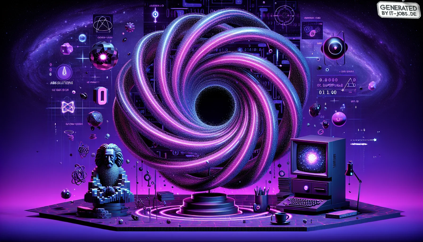 The visualization unfolds in a vivid, almost neon-dark purple landscape, evoking the enigmatic and surreal atmosphere of quantum mechanics. The backdrop is a swirling galaxy of deep purples and blacks, dotted with stars that twinkle with a subtle, digital
