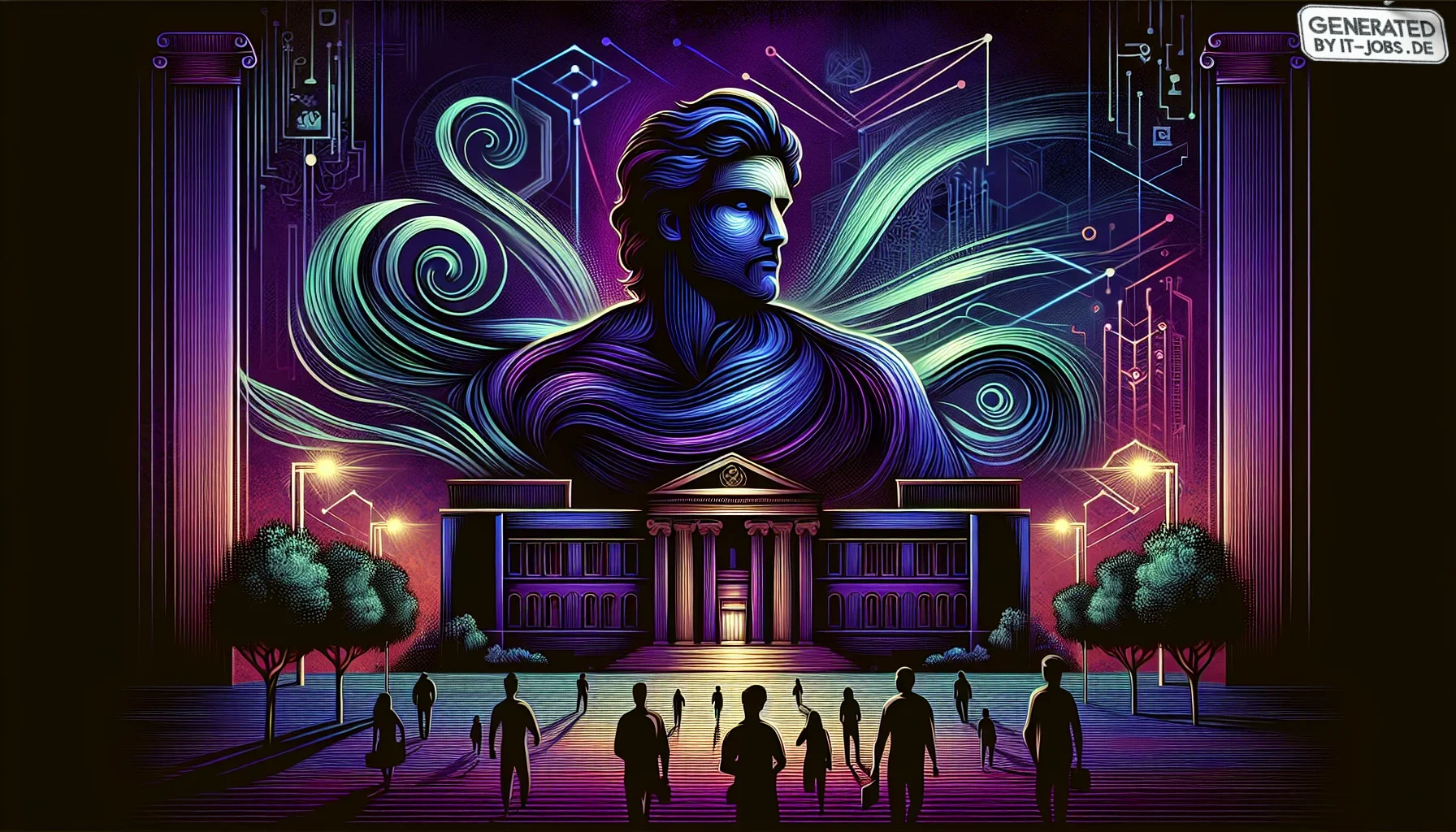 Visualize an edgy and immersive digital art piece, dominated by deep, dark purple hues, blending the mystique of the night sky with the vibrancy of neon lights. This piece is not just a visual treat but a narrative canvas, illustrating Jerry Yang’s transf