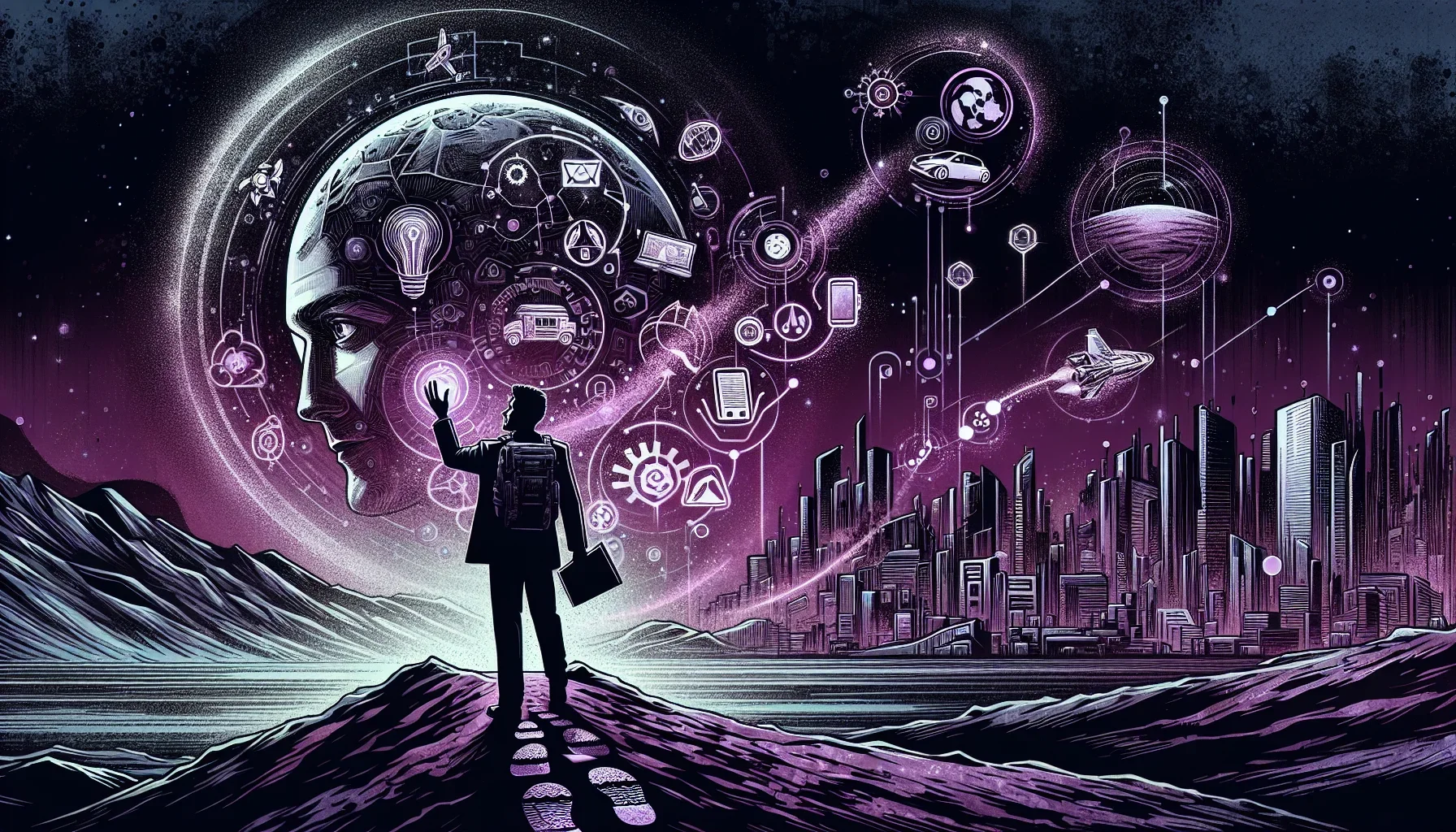 An edgy, almost comic-book style visualization. The backdrop is a dark, deep purple, serving as a canvas for the narrative of Elon Musk’s journey. On the left side, a silhouette of Silicon Valley fades into the background, its recognizable outline subtly 