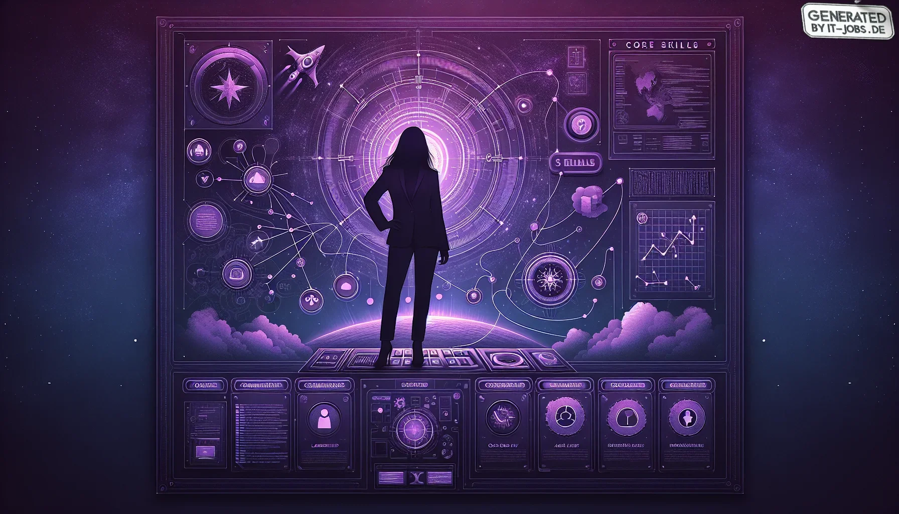 Visualize a striking digital poster, bathed in deep, dark purple tones that suggest a sense of mystery and the vast depths of knowledge required in the IT world. The background is a textured, almost cosmic gradient of purple, evoking a sense of infinite s