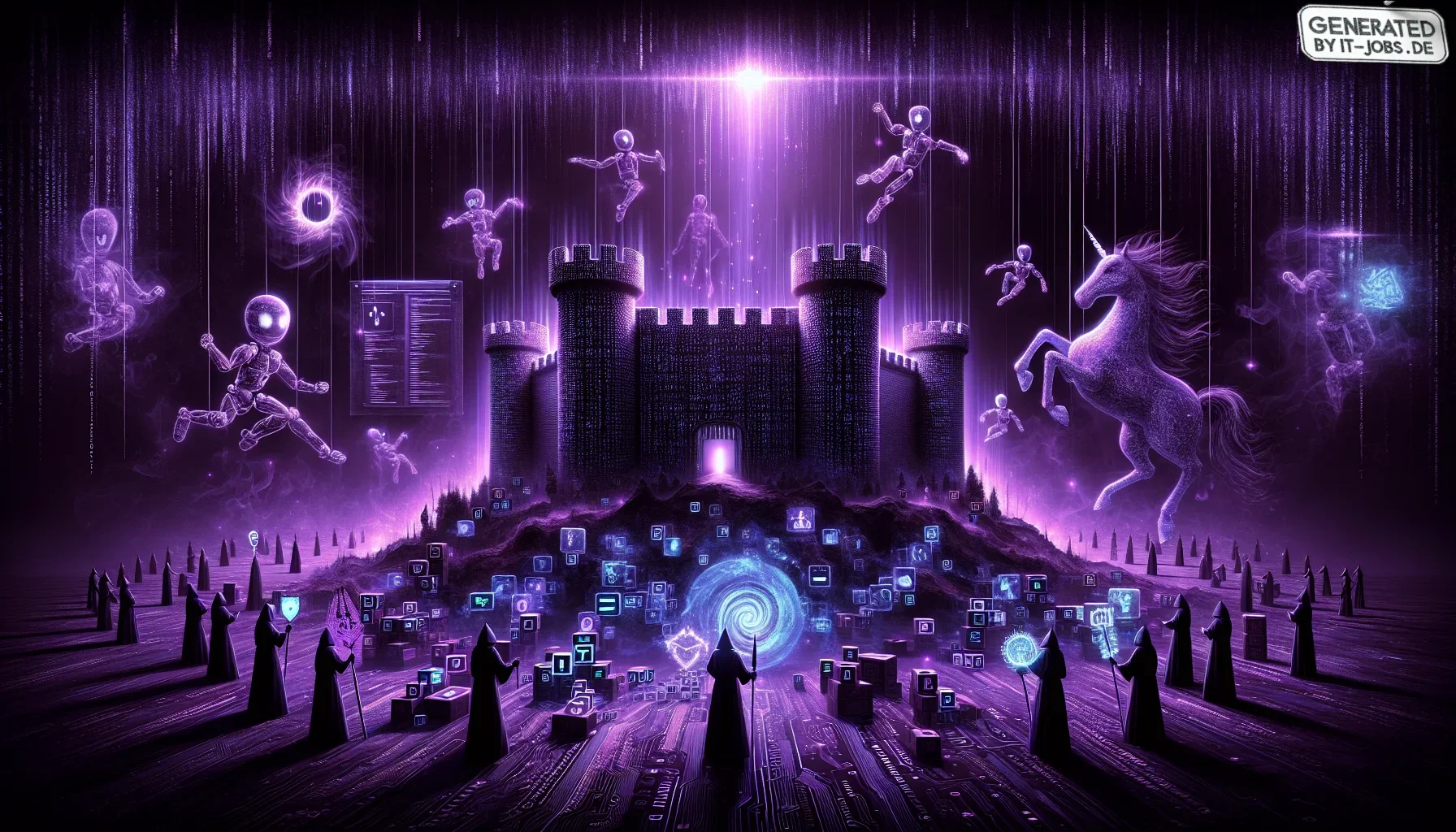 A visualization that embodies the intricate dance between peril and protection in the realm of cybersecurity, wrapped in an edgy style and saturated with a dark purple theme, unfolds like a graphic novel come to life. The scene is alive with dynamic energ