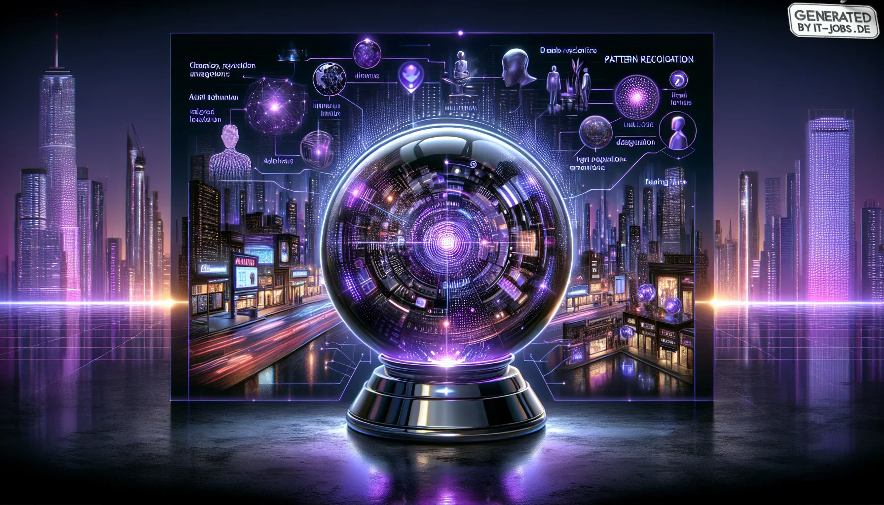 Visualize a dynamic and immersive digital art piece that encapsulates the essence of the future trends in chatbot technology, presented in a bold, edgy style with a dark purple palette. The setting is a futuristic cityscape at dusk, where the skyline puls