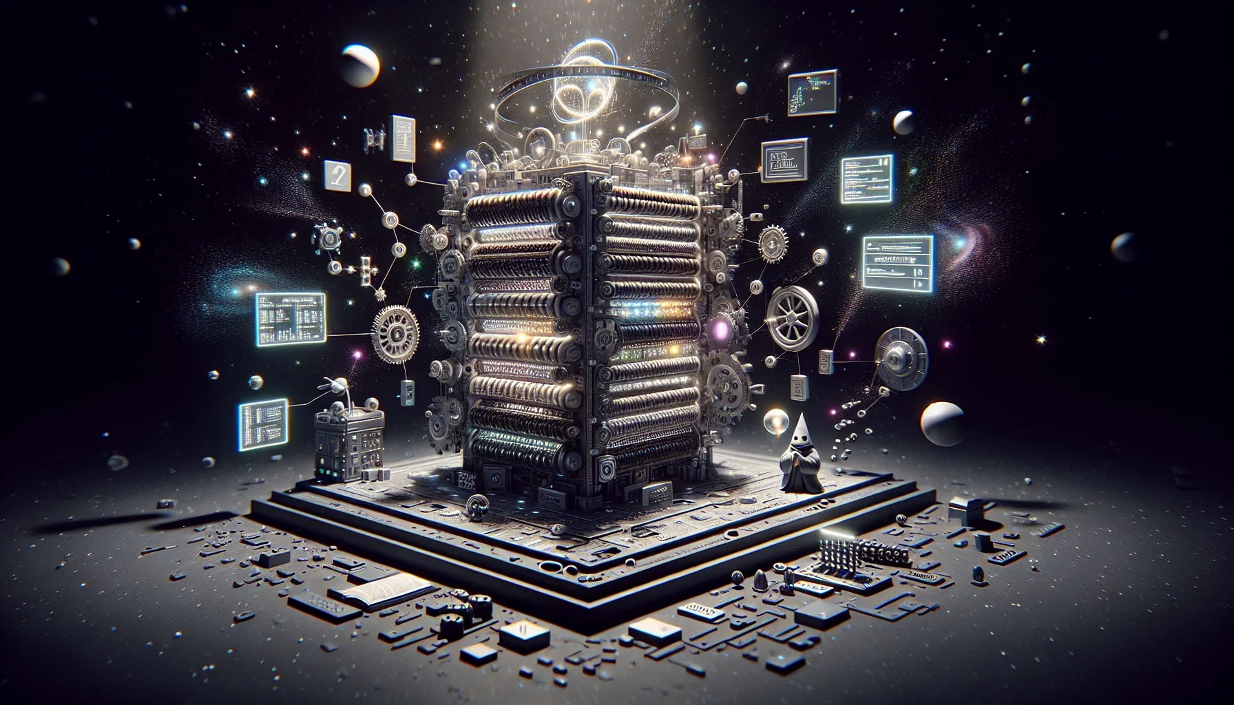 An animated, 3D image set against a backdrop of dark purple, dotted with stars and galaxies to represent the vastness of theoretical computation. At the center, stands a majestic rendition of a Turing Machine - a complex, futuristic looking device compose