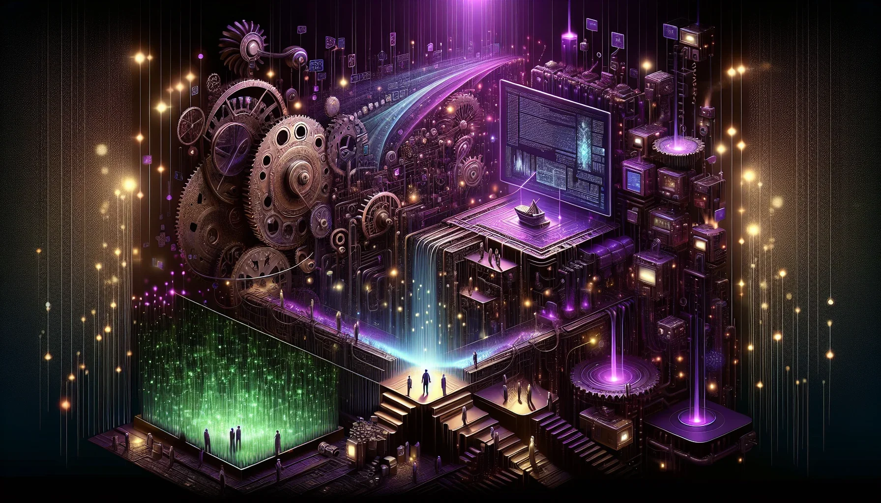 Visualize this: The canvas is steeped in dark, rich purple hues, creating an almost mystical ambiance that echoes the profound and often unseen influence of data engineers in the realms of data science and machine learning. This color, symbolizing wisdom 