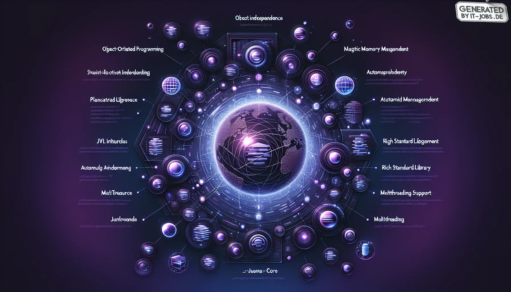 Visualize a dynamic and richly textured digital poster designed to highlight the "Core Features of Java." The background is a deep, dark purple, almost pulsating with a subtle gradient effect that suggests depth and innovation. The top of the image promin