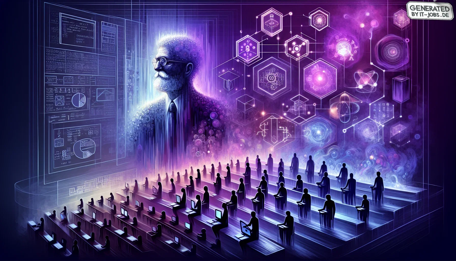 Visualize a dynamic and evocative digital art piece that captures the profound impact of David Patterson on the world of computer science education and research. The canvas is dominated by a deep, dark purple hue, symbolizing the depth and richness of his