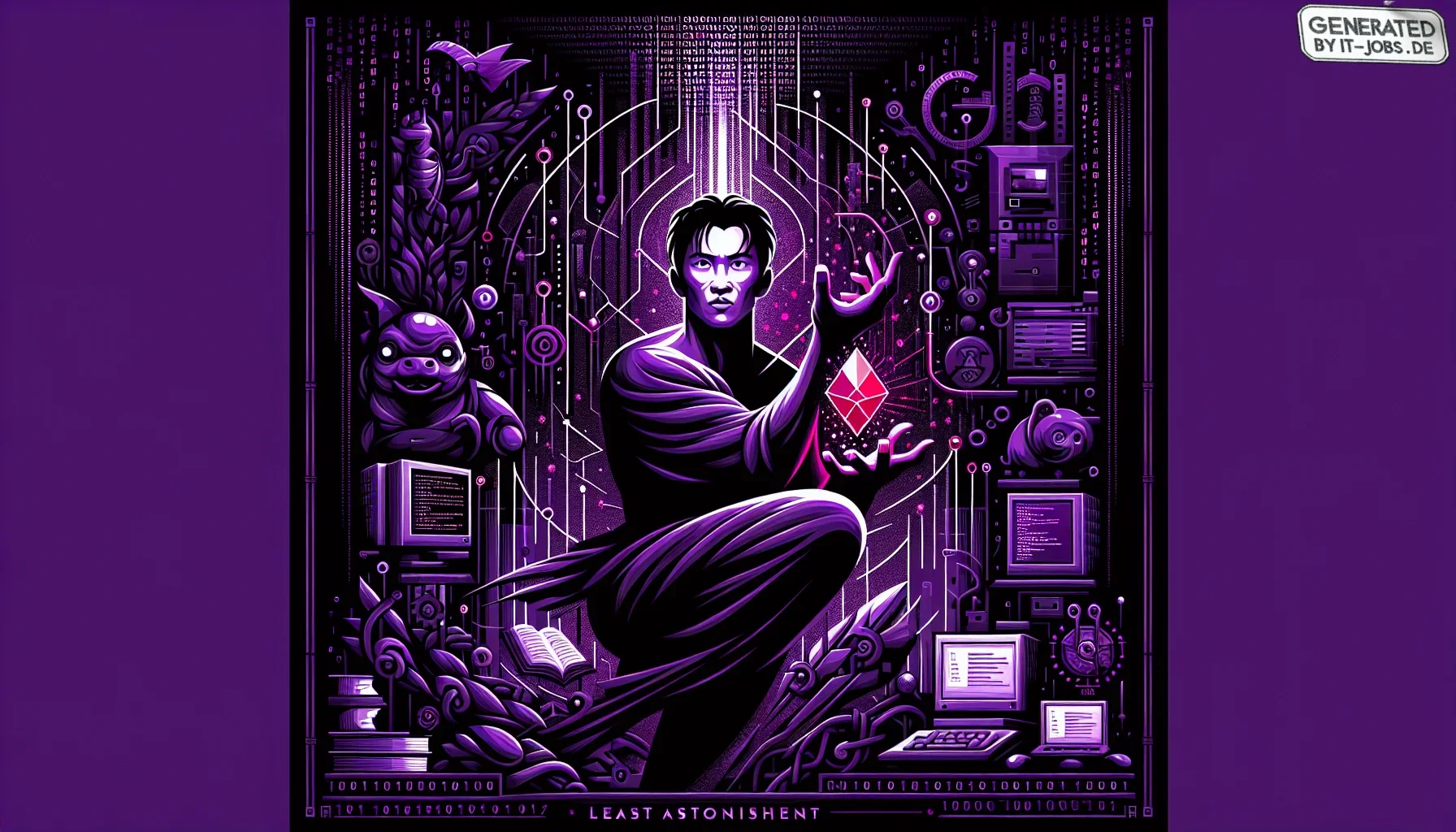 Imagine a digital art piece that captures the essence of the creation of the Ruby programming language, styled with a captivating dark purple theme that resonates with the edgy, modern vibe of the mid-1990s tech explosion. The artwork would be a blend of 