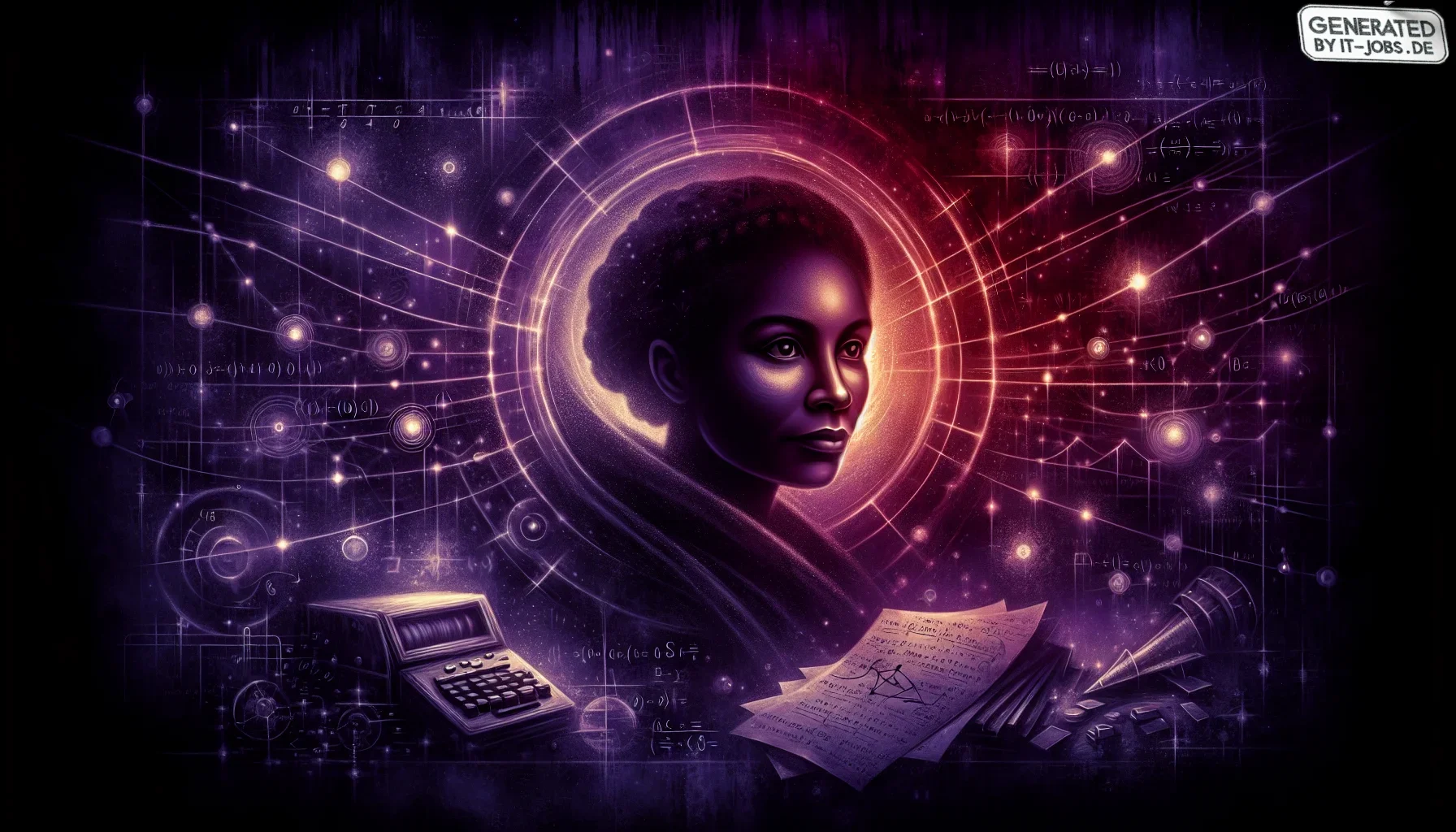 The visualization opens with a rich, dark purple backdrop, symbolizing the vastness and mystery of outer space, but also alluding to the deep, often challenging undertones of Katherine Johnson’s journey. The edges of the image are slightly blurred, focusi