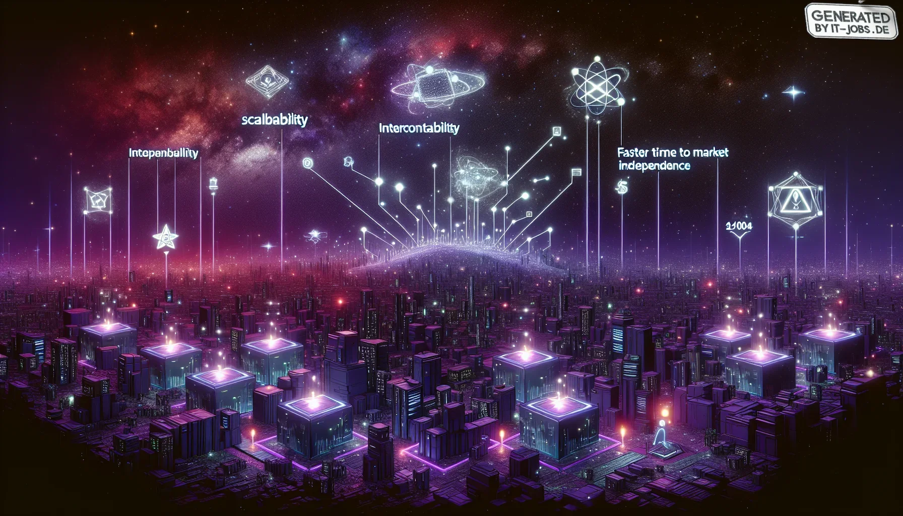 Imagine a dynamic, visually striking art piece that captures the essence of the microservices architecture. The backdrop is a deep, dark purple, evoking a sense of the deep and vast expanse of the digital universe. The color palette extends to variations 