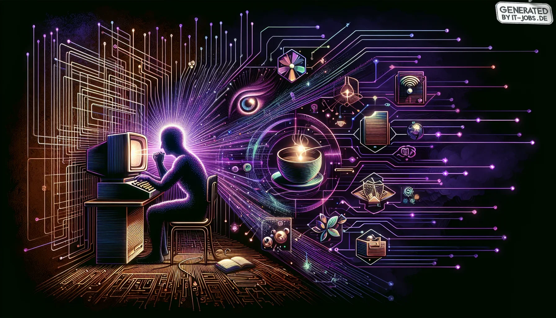 Visualize a dynamic, digital-art-inspired poster that pulses with the energy of Ken Thompson’s profound legacy in computing. The backdrop is a deep, dark purple, evoking a sense of the profound and the enigmatic, mirroring the depths of Thompson's impact 
