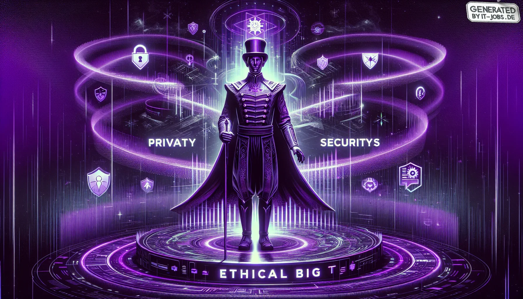 Imagine this visualization as a bold, dynamic digital canvas pulsating with the rich hues of dark purple. The scene is set at a grand, virtual "ethical big top" reminiscent of a circus tent but with a high-tech twist. The atmosphere is charged with a sens