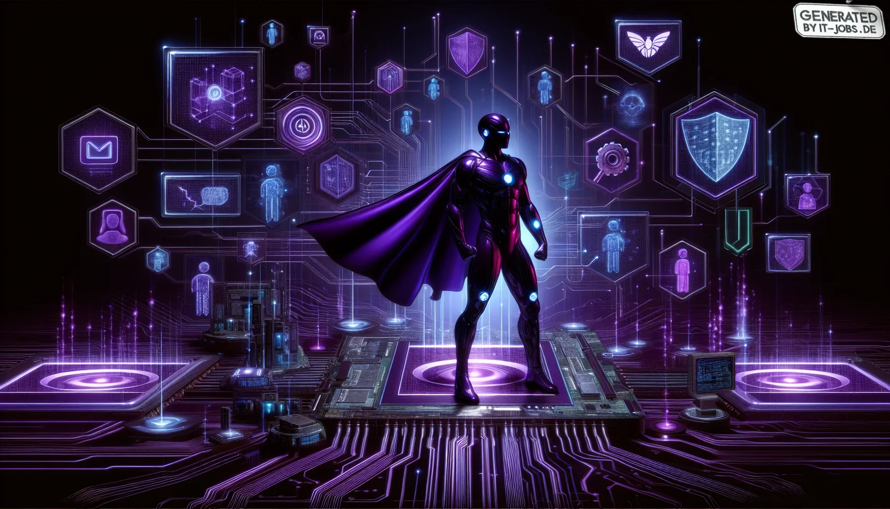 Visualize a dynamic and captivating digital canvas that immerses you into the cutting-edge realm of network security, powered by Artificial Intelligence (AI). The overall ambiance of the image is edged with a rich, dark purple theme, symbolizing the deep 