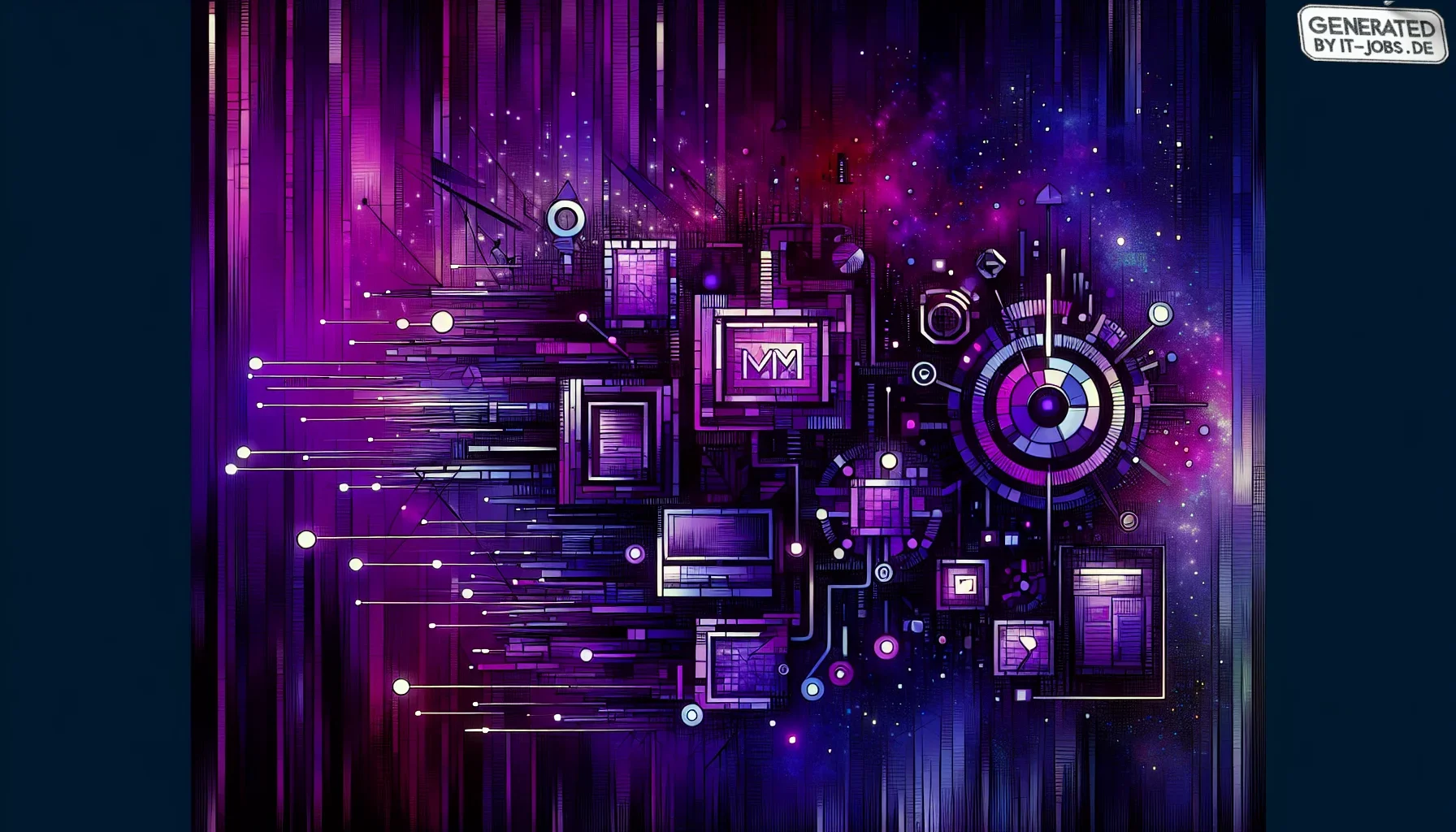 Visualize an evocative and dynamic digital poster, designed predominantly in shades of dark purple, setting a moody, forward-thinking ambiance. The background has a deep violet matrix-like digital canvas, subtly pulsating to mimic the constant evolution o