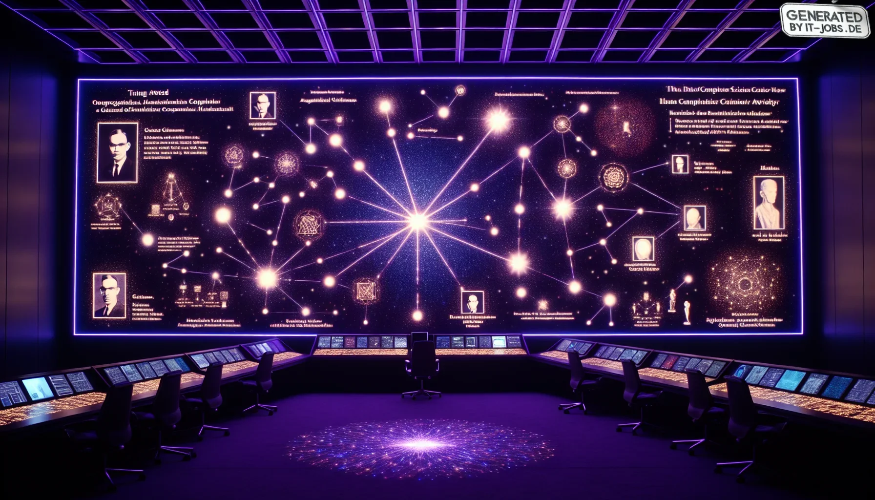 Visualizing the above paragraph, we enter a dimly lit, expansive room that feels both mystical and technologically advanced, bathed in shades of dark purple that set an almost celestial atmosphere. The central focus is a colossal, intricately designed dig