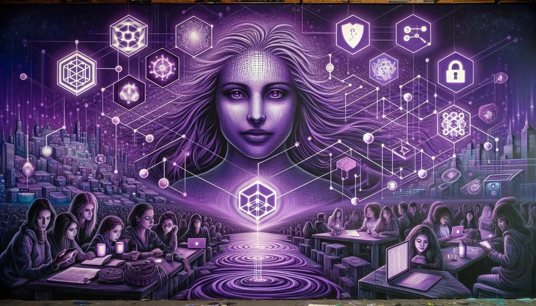 Visualize a deep, dark purple canvas as the scene unfurls—a blend of edgy aesthetics and sophisticated pop culture references interwoven with the intricate world of IT. The central figure, a stylized, iconic representation of Shafi Goldwasser, dominates t
