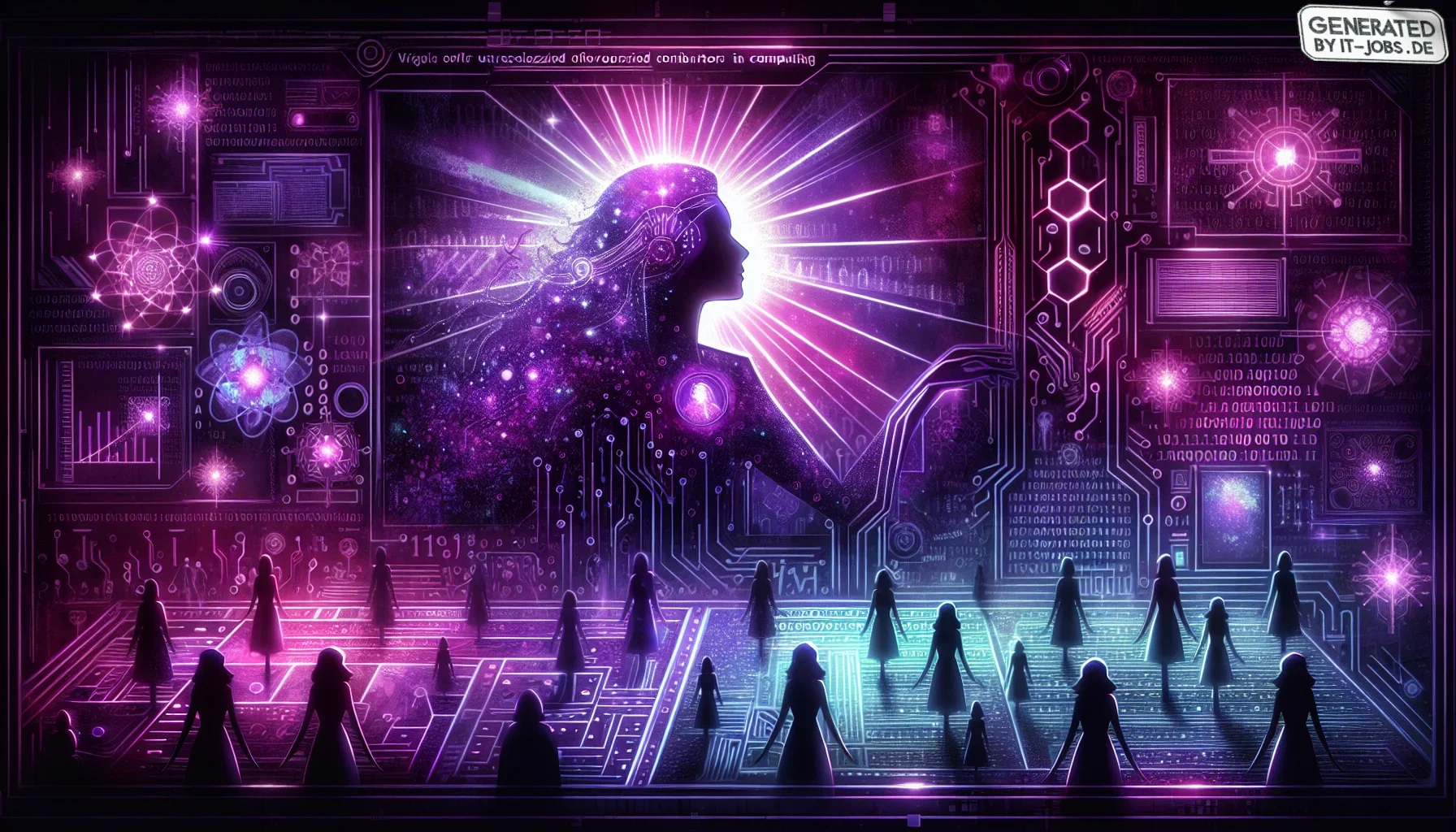 Visualize a captivating digital canvas that bathes in a rich, dark purple hue, setting a mysterious yet inviting backdrop. This image, edgy and vibrant, stretches across a sprawling digital screen, symbolizing the vast realms of technology Jean Bartik hel