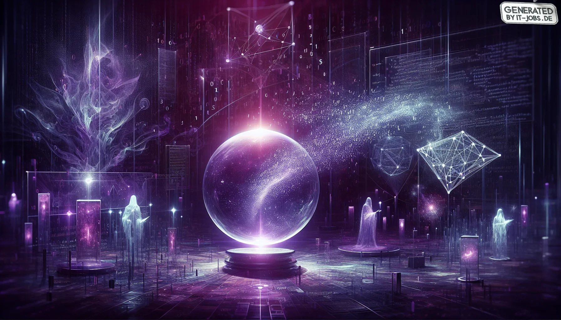 Visualize a sprawling digital canvas bathed in deep, mysterious shades of dark purple. At the center, a large, transparent crystal ball casts an ethereal glow, serving as the focal point of the image. Inside the sphere, snippets of code continuously scrol