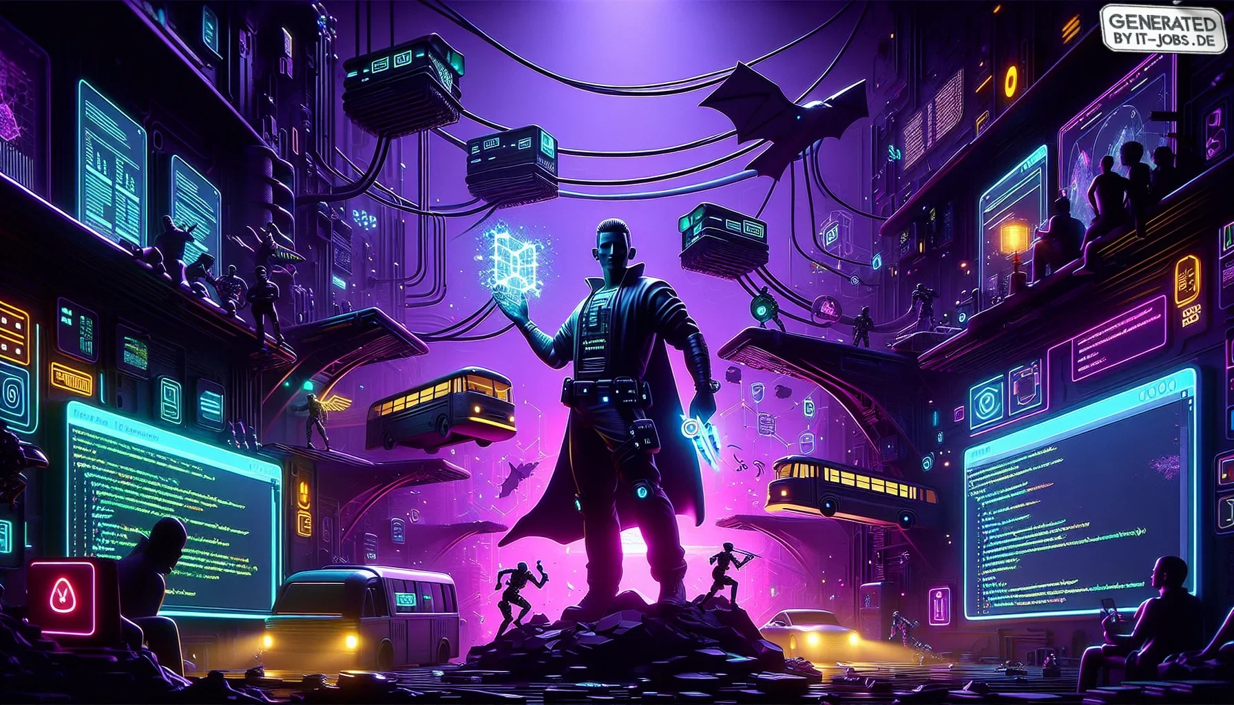 Imagine a digital art piece that captures the essence of the powerful and multifaceted Oracle SQL Developer, rendered in a vibrant and edgy style dominated by dark purple hues. The image is set in a surreal, almost cyberpunk-like environment, where each e
