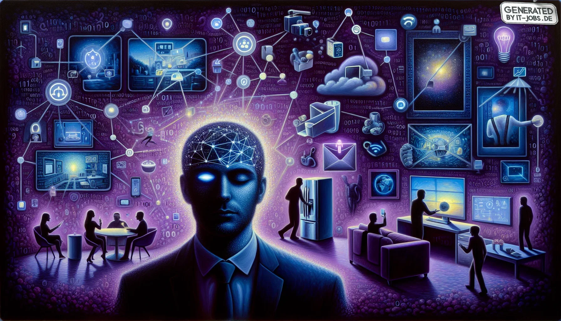 In the visualization, imagine the canvas dominated by a rich, dark purple hue that sets a mysterious and visionary tone. The center features a stylized, digital portrait of Vint Cerf, depicted with contemplative eyes that seem to gaze into the future of t