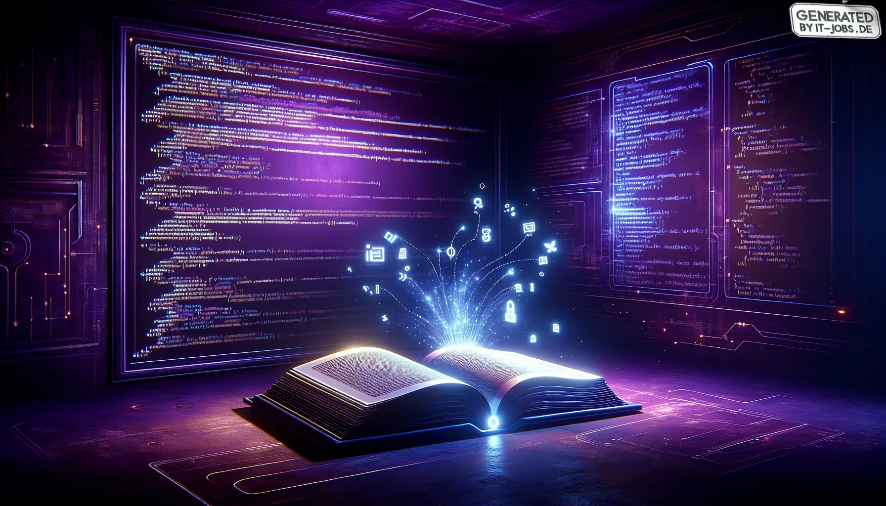 Visualize a dark, enigmatic canvas dominated by a rich, dark purple theme, reflecting the profound depths of AI-enhanced programming. The scene is tinged with a sense of mystery and futuristic allure, perfect for the edgy and tech-savvy theme of the conte