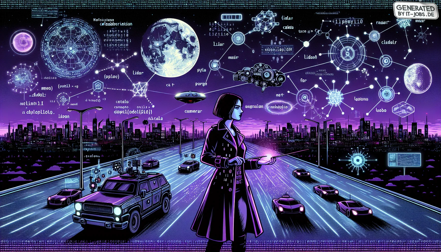 The visualization unfolds like a dynamic comic panel, bursting with energy and rich detail, cloaked in an edgy, dark purple theme that saturates the scene.

**Foreground:**
Central to the image is a cyberpunk figure, the aspirational AV Specialist. They s