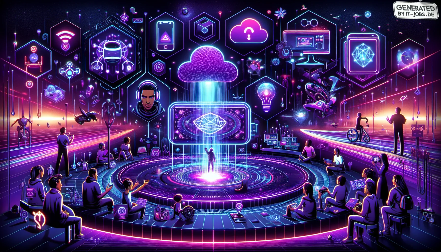 The visualization is deeply immersive and evokes a sense of stepping into a futuristic realm where the boundaries between reality and digital blur. The primary color palette revolves around dark purples, creating a mysterious and innovative atmosphere. Th