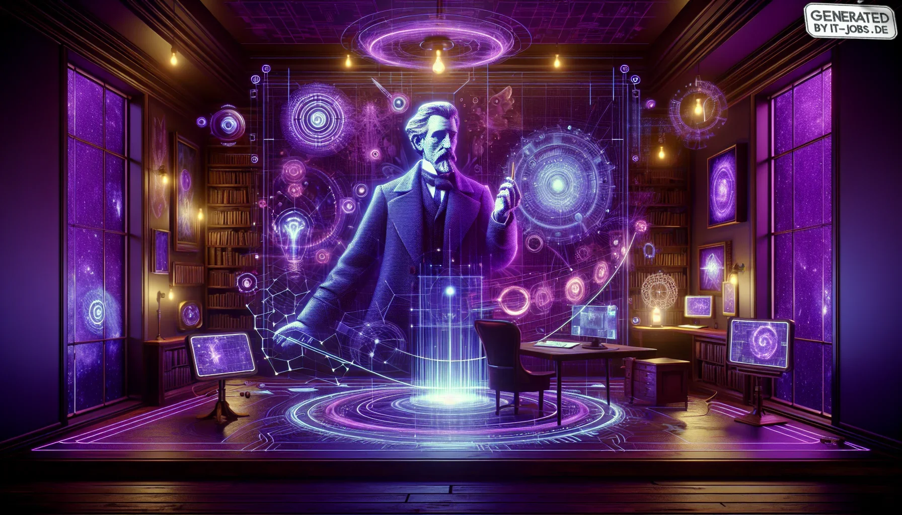 Visualize an expansive, edgy digital canvas that bursts into life with a rich, dark purple theme. The scene is set in a stylized room that resembles an eclectic mix of a futuristic lab and a classic study, filled with references to both the golden age of 