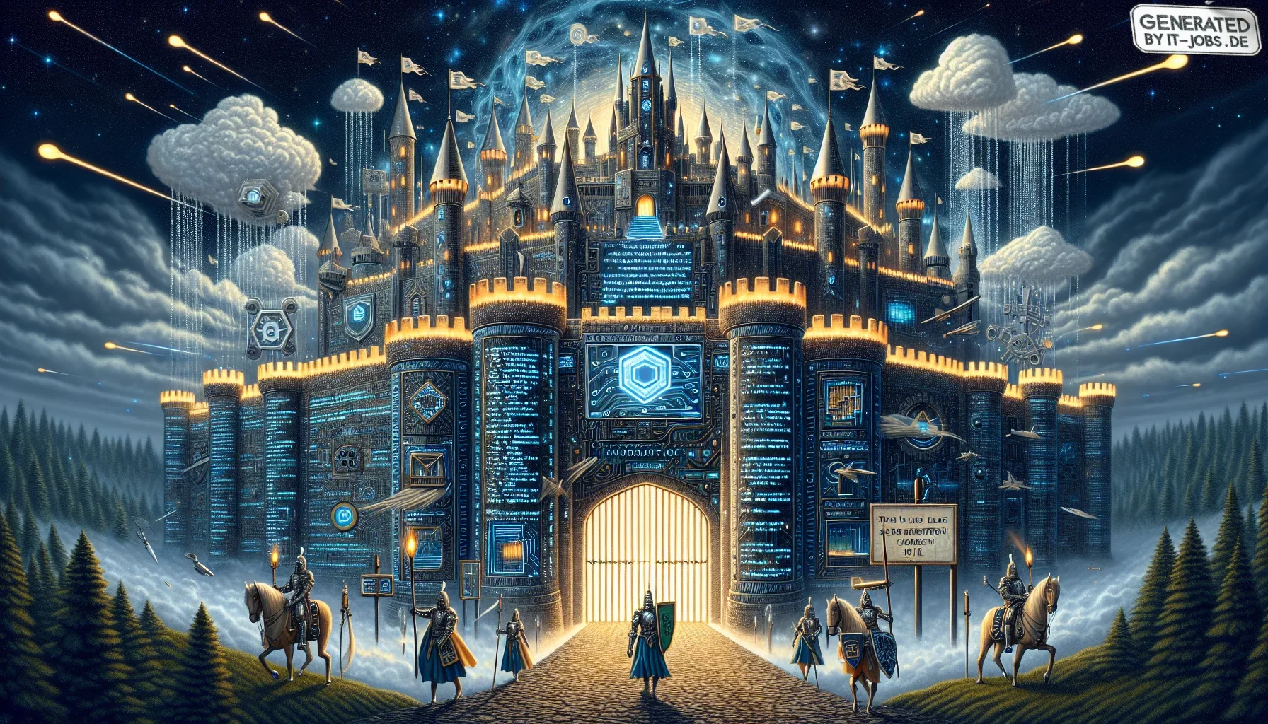 As you open your eyes to the visualization of this text, you find yourself gazing upon a vast, ethereal digital fortress, bathed in the mystic hues of dark purple. The scene is set in a night-time landscape, under a sky dotted with twinkling stars and swi