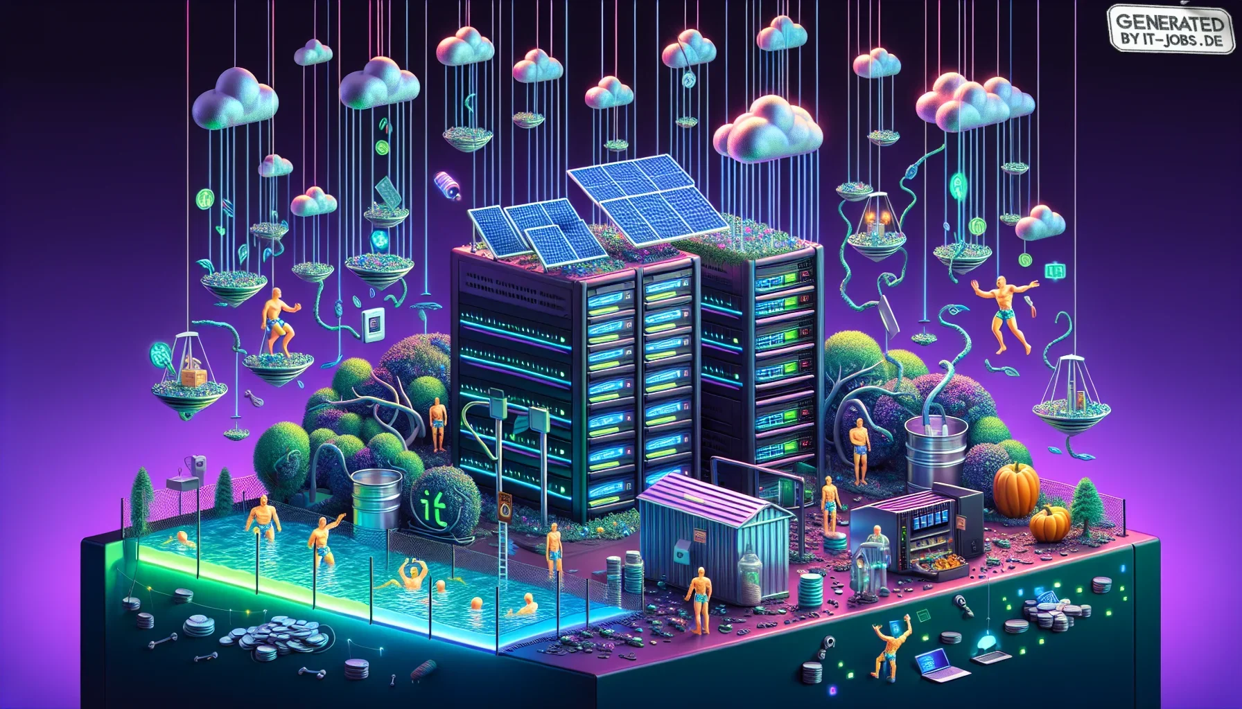 The visualization embodies an edgy and surreal play on sustainable IT, with a vivid dark purple canvas as the backdrop, laced with tinges of neon green and electric blue, infusing a futuristic tone.

**Central Imagery**: The heart of the illustration is a