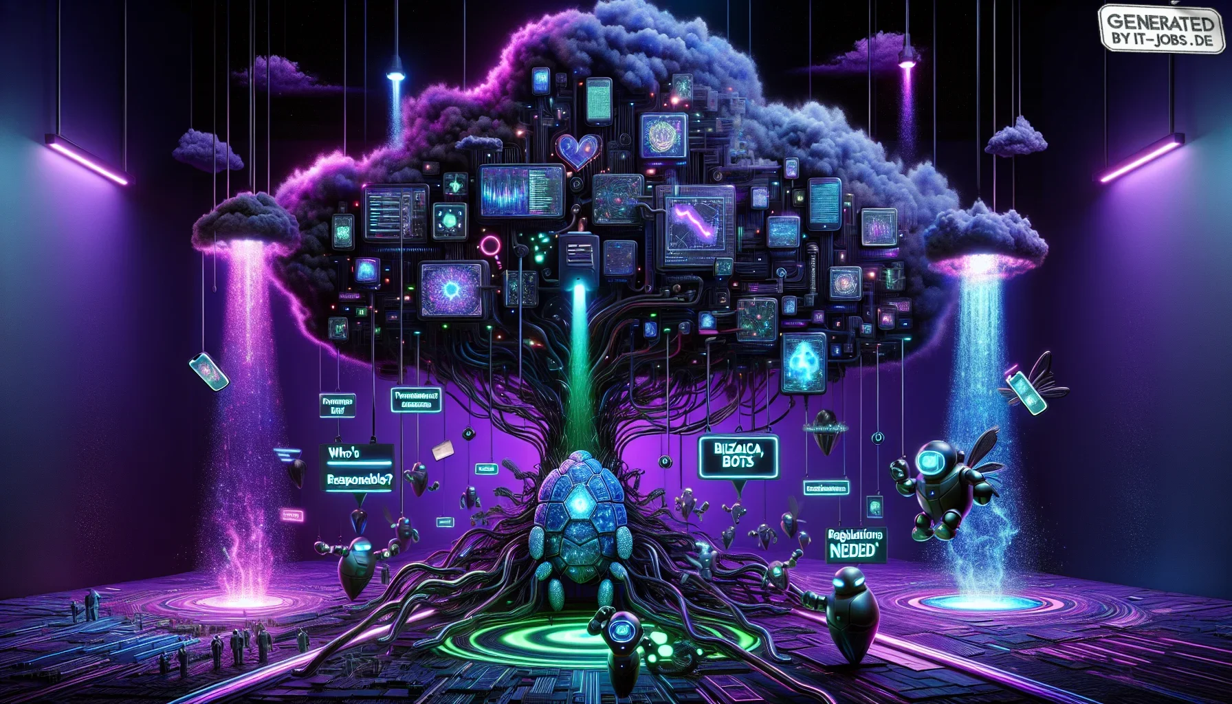 Visualize a striking, edgy digital artwork that sweeps you into the dark purple depths of an AI-driven healthcare world, where ethical dilemmas and cybernetic challenges intertwine. The scene is set in a futuristic hospital environment, rendered in deep s