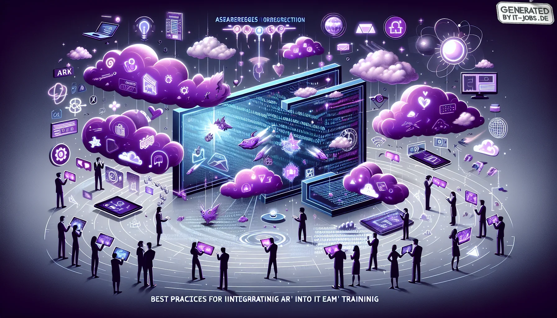 Visualize a dark purple-hued digital canvas, vibrant yet mysterious, embodying the frontier of augmented reality (AR) in IT training. The central focus is a large, semi-transparent holographic screen floating amidst a backdrop of soft, nebulous clouds of 