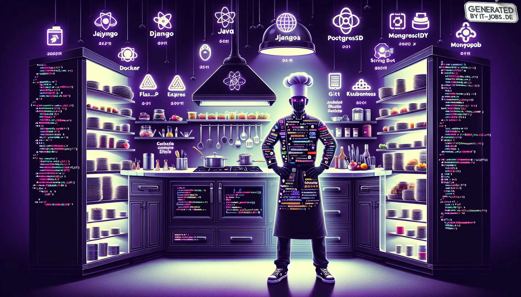 The visualization begins with a grand, dark purple backdrop that sets a moody, edgy tone, reminiscent of a sleek, high-tech kitchen at night. The entire scene is illuminated by soft, neon accents highlighting the key elements described in the paragraph.

