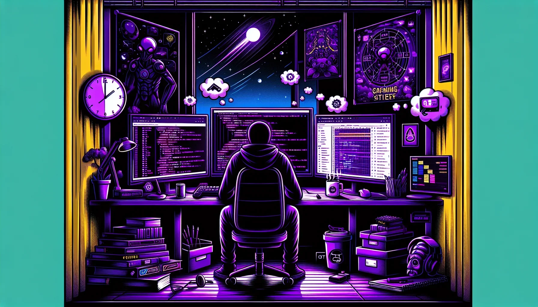 I imagine a vivid, almost surreal illustration that captures the essence of balancing work and studies from the perspective of an IT working student. The color scheme is dominated by dark purples and blacks, creating an edgy, nocturnal vibe that speaks to